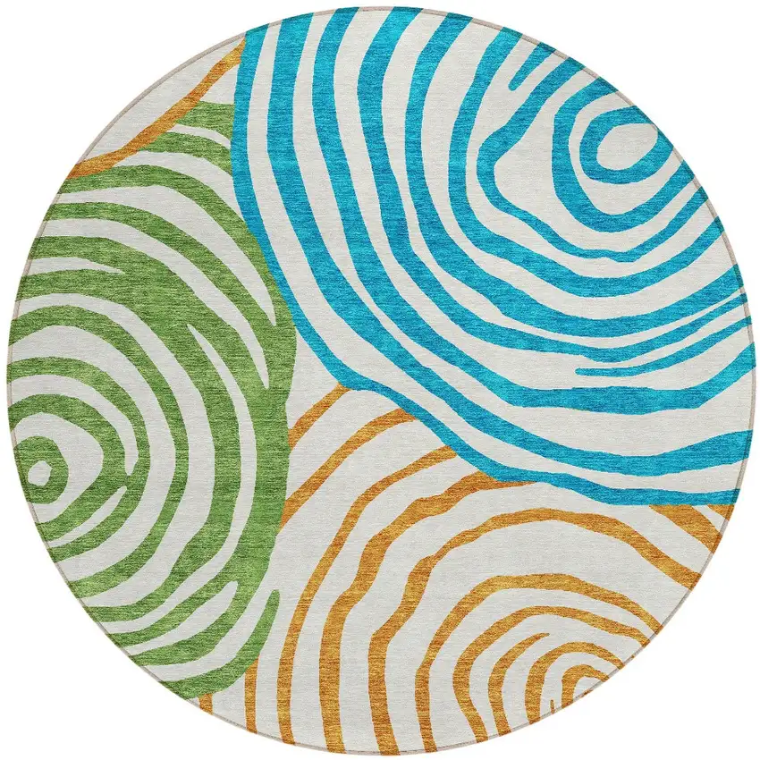 8' White Orange And Teal Blue Round Abstract Washable Indoor Outdoor Area Rug Photo 6