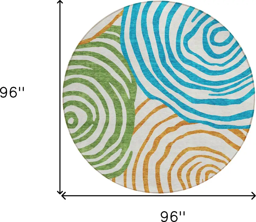 8' White Orange And Teal Blue Round Abstract Washable Indoor Outdoor Area Rug Photo 9