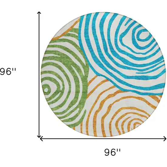 8' White Orange And Teal Blue Round Abstract Washable Indoor Outdoor Area Rug Photo 9