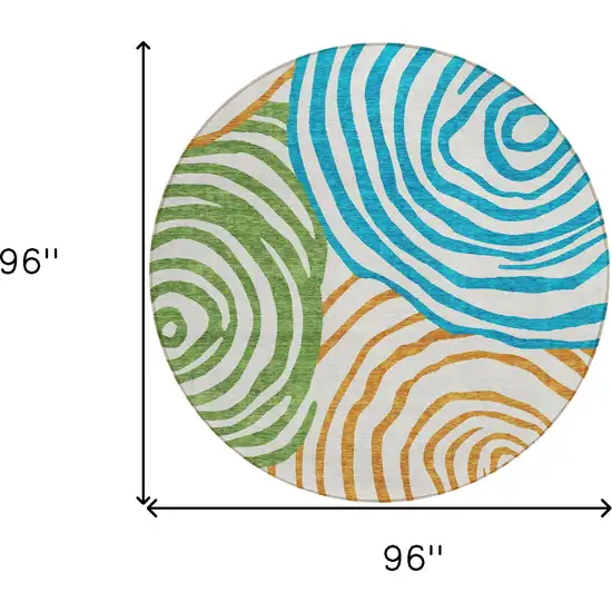 8' White Orange And Teal Blue Round Abstract Washable Indoor Outdoor Area Rug Photo 9