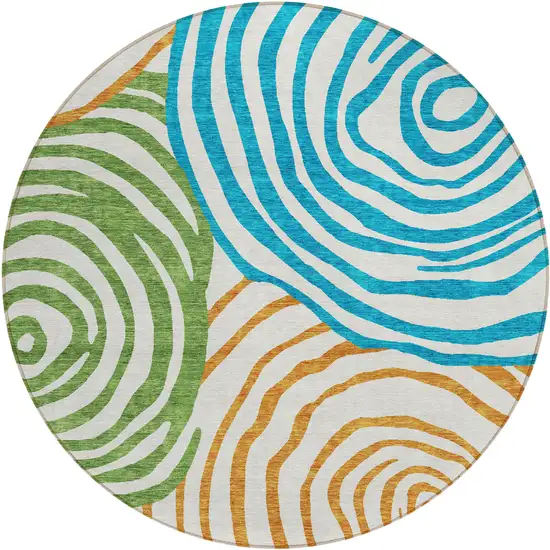 8' White Orange And Teal Blue Round Abstract Washable Indoor Outdoor Area Rug Photo 1