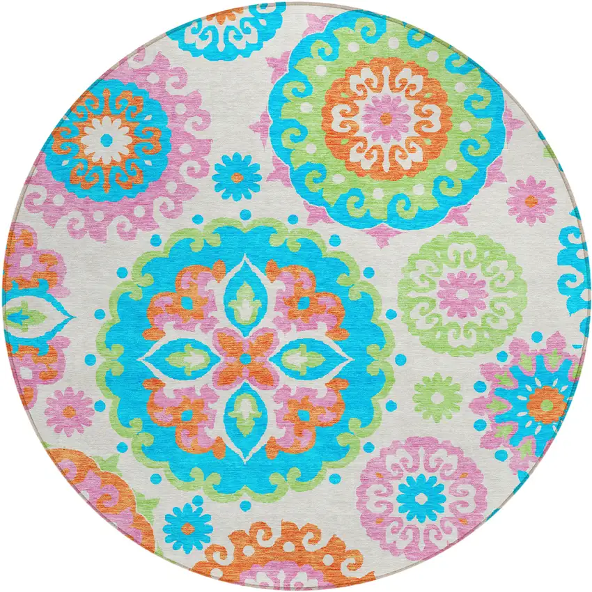 8' White Orange And Teal Blue Round Floral Medallion Washable Indoor Outdoor Area Rug Photo 1