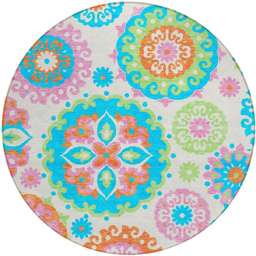 8' White Orange And Teal Blue Round Floral Medallion Washable Indoor Outdoor Area Rug Photo 1