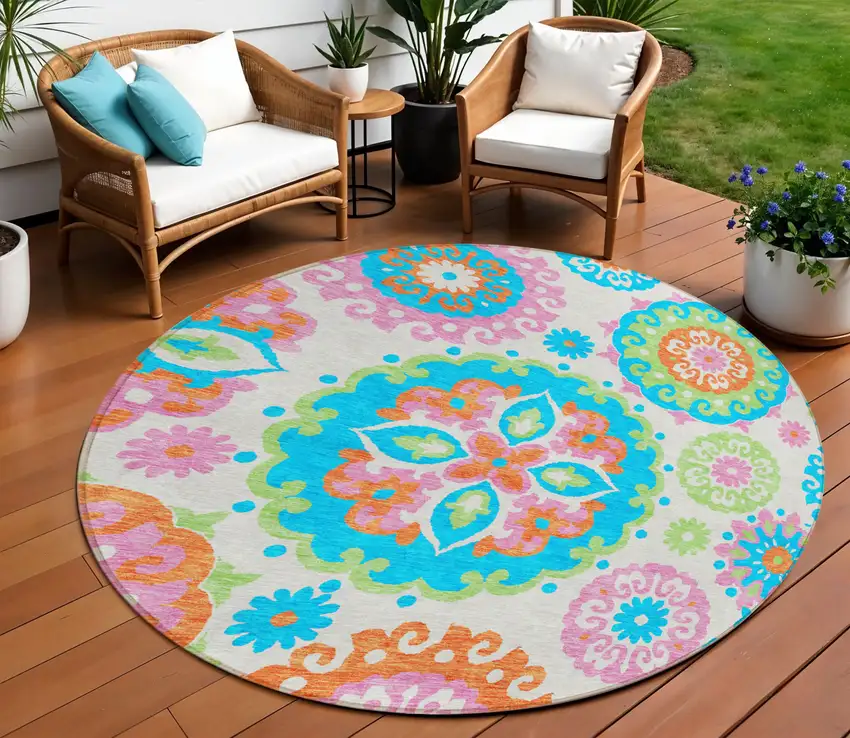 8' White Orange And Teal Blue Round Floral Medallion Washable Indoor Outdoor Area Rug Photo 1