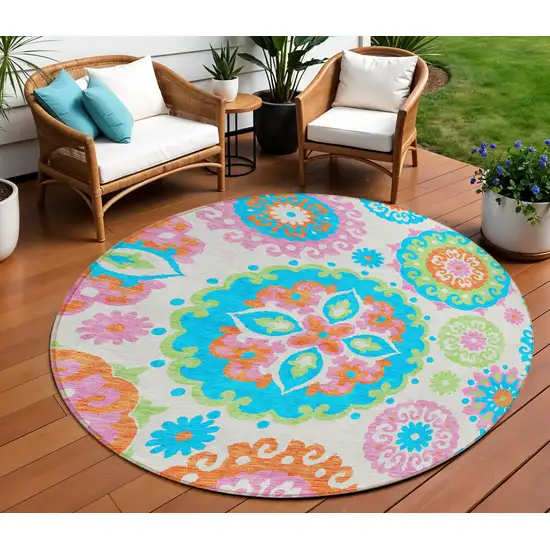 8' White Orange And Teal Blue Round Floral Medallion Washable Indoor Outdoor Area Rug Photo 1