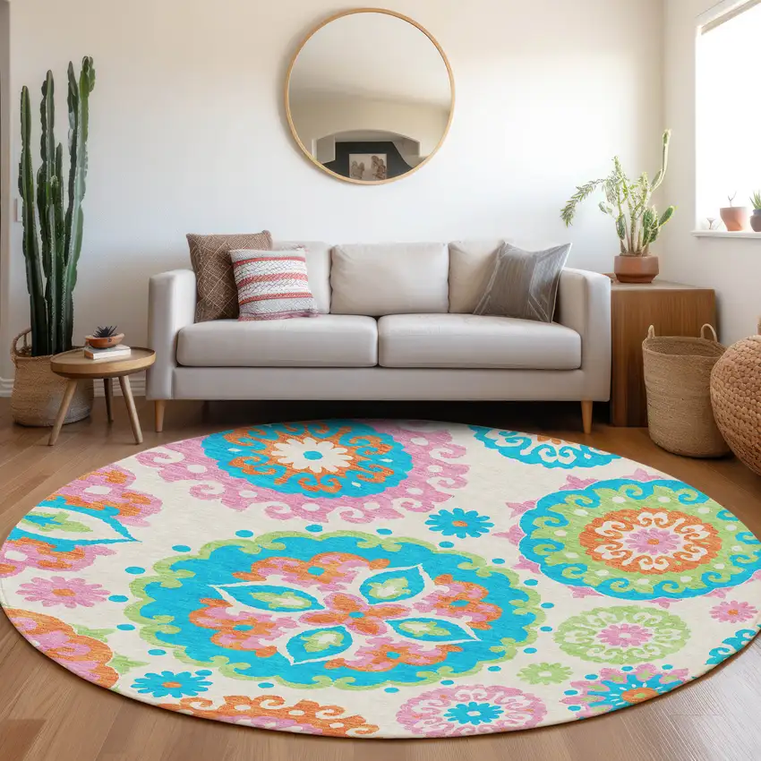 8' White Orange And Teal Blue Round Floral Medallion Washable Indoor Outdoor Area Rug Photo 7