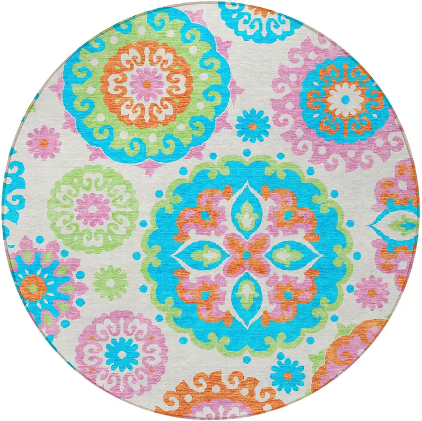 8' White Orange And Teal Blue Round Floral Medallion Washable Indoor Outdoor Area Rug Photo 5