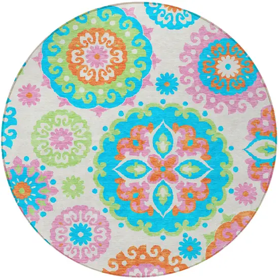 8' White Orange And Teal Blue Round Floral Medallion Washable Indoor Outdoor Area Rug Photo 5