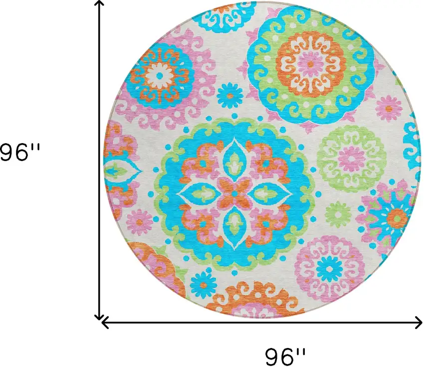 8' White Orange And Teal Blue Round Floral Medallion Washable Indoor Outdoor Area Rug Photo 8