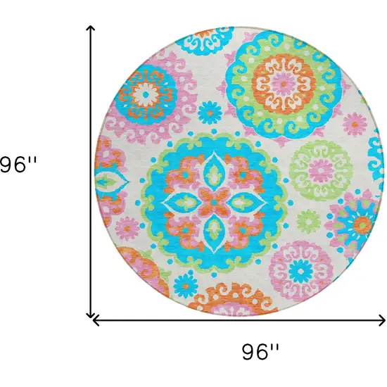 8' White Orange And Teal Blue Round Floral Medallion Washable Indoor Outdoor Area Rug Photo 8