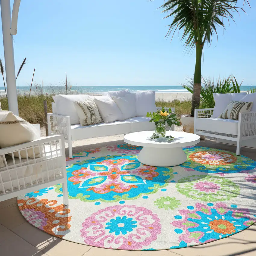 8' White Orange And Teal Blue Round Floral Medallion Washable Indoor Outdoor Area Rug Photo 6