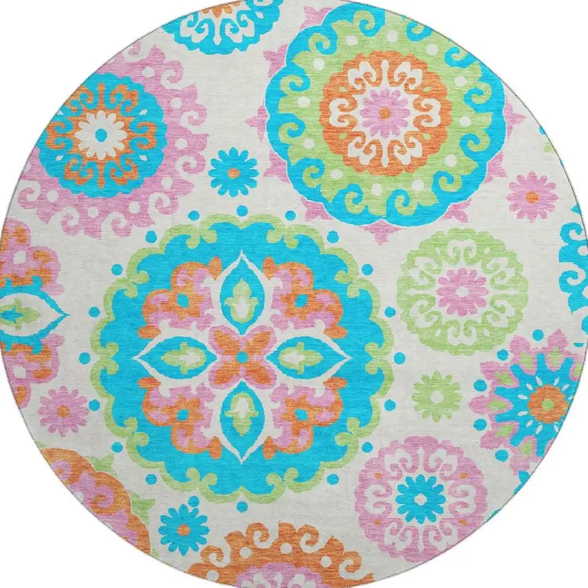 8' White Orange And Teal Medallion Washable Round Rug With UV Protection Photo 4