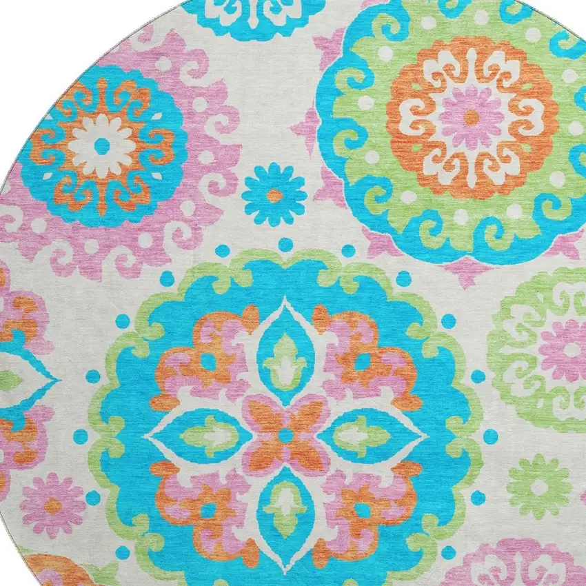8' White Orange And Teal Medallion Washable Round Rug With UV Protection Photo 3