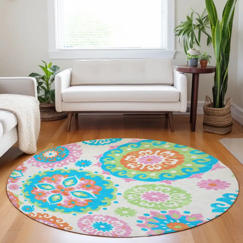 8' White Orange And Teal Medallion Washable Round Rug With UV Protection Photo 5