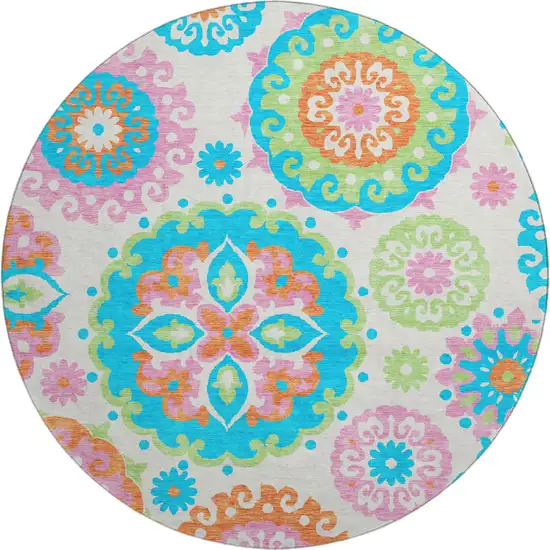 8' White Orange And Teal Medallion Washable Round Rug With UV Protection Photo 2