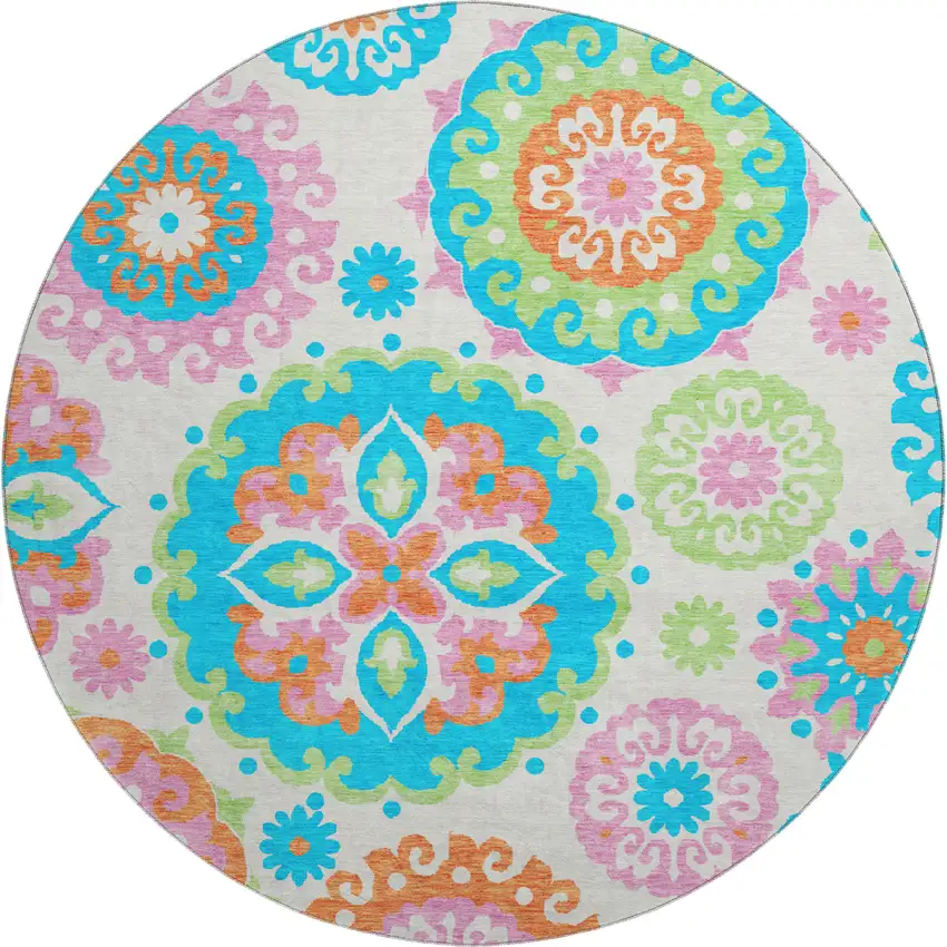 8' White Orange And Teal Medallion Washable Round Rug With UV Protection Photo 2