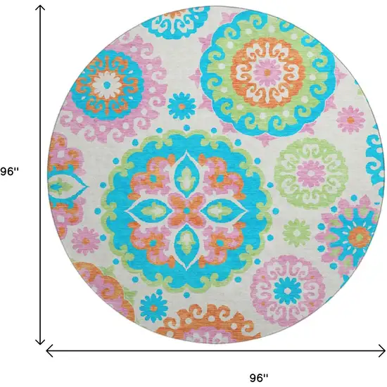 8' White Orange And Teal Medallion Washable Round Rug With UV Protection Photo 3