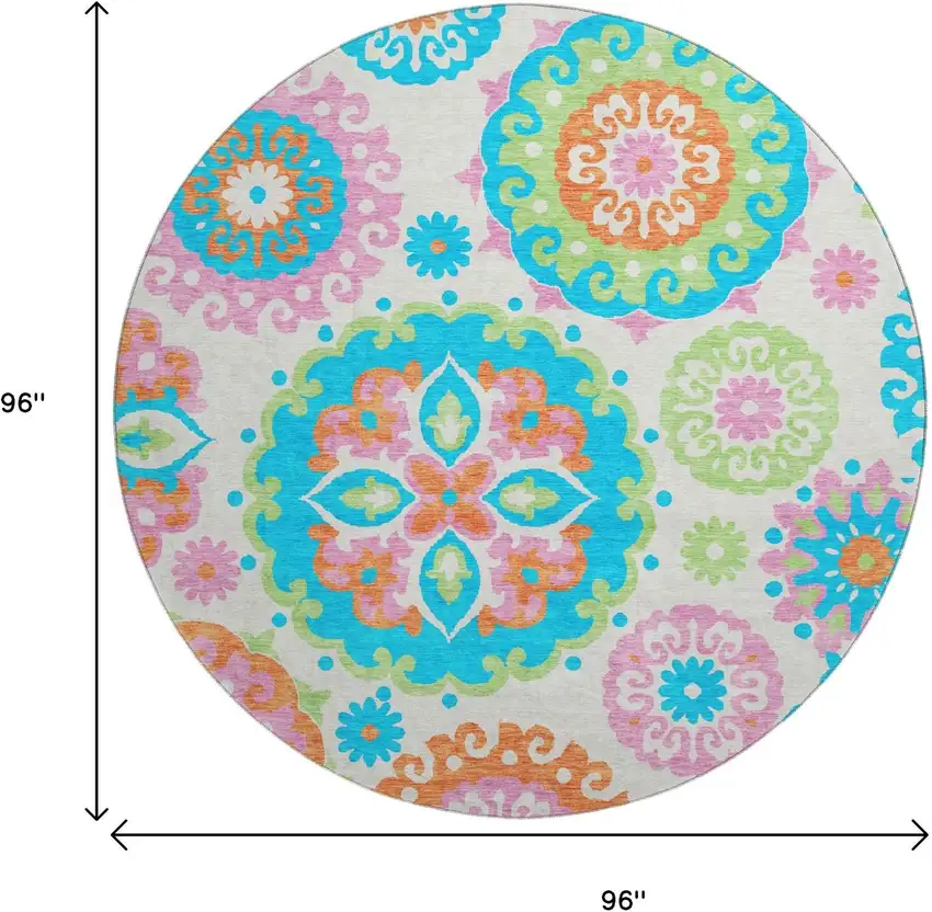 8' White Orange And Teal Medallion Washable Round Rug With UV Protection Photo 3