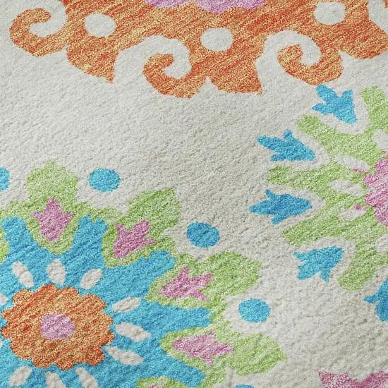 8' White Orange And Teal Medallion Washable Round Rug With UV Protection Photo 9