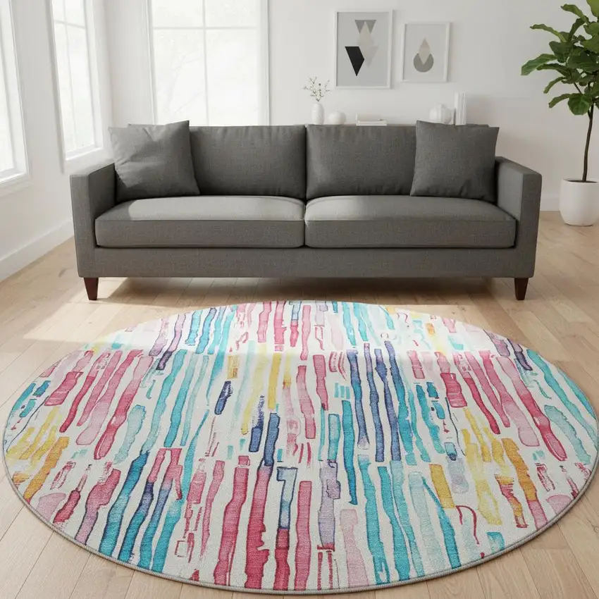8' White Pink And Teal Striped Washable Round Rug With UV Protection Photo 2