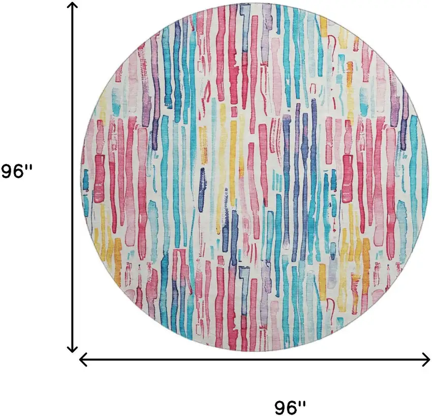 8' White Pink And Teal Striped Washable Round Rug With UV Protection Photo 7