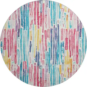 Photo of 8' White Pink And Teal Striped Washable Round Rug With UV Protection
