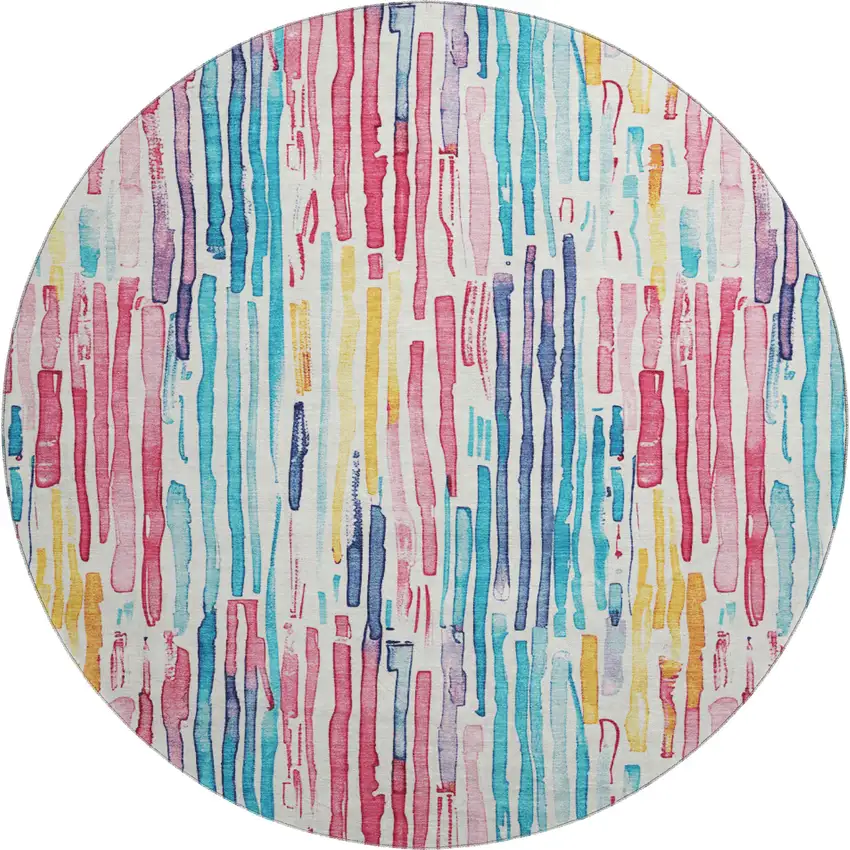 8' White Pink And Teal Striped Washable Round Rug With UV Protection Photo 1