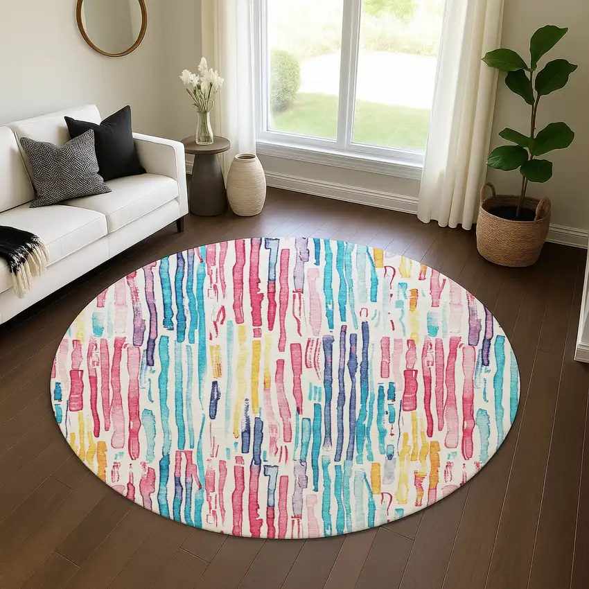 8' White Pink And Teal Striped Washable Round Rug With UV Protection Photo 2