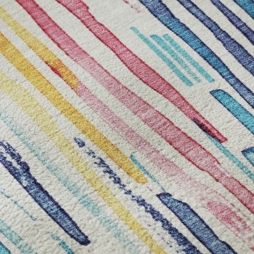 8' White Pink And Teal Striped Washable Round Rug With UV Protection Photo 6