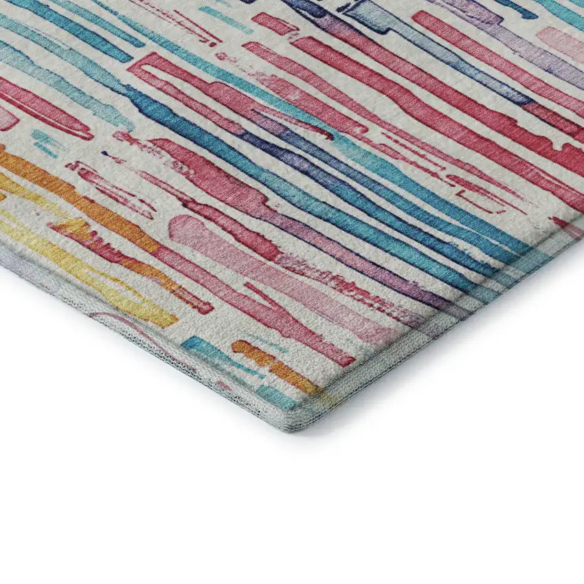 8' White Pink And Teal Striped Washable Round Rug With UV Protection Photo 4