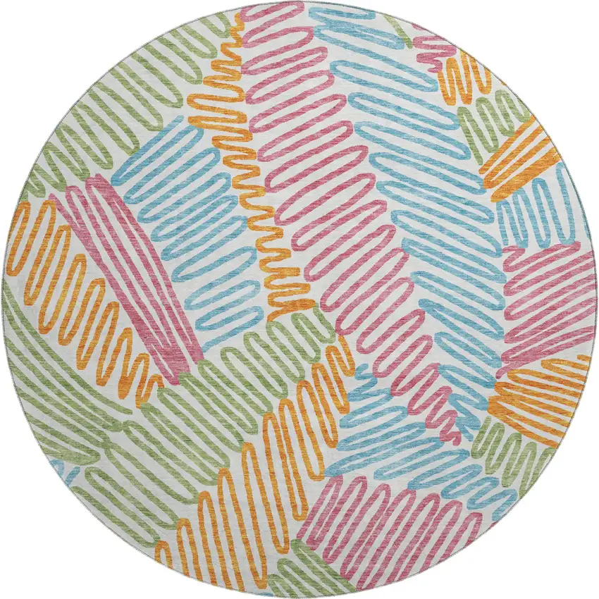 8' White Pink Green And Blue Floral Washable Round Rug With UV Protection Photo 1