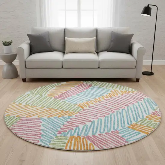 8' White Pink Green And Blue Floral Washable Round Rug With UV Protection Photo 2