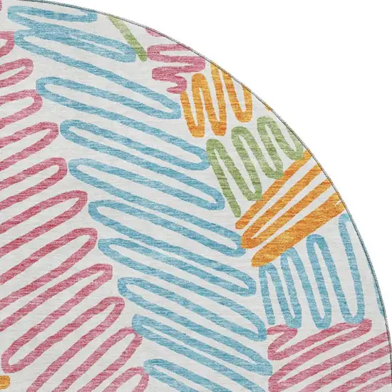 8' White Pink Green And Blue Floral Washable Round Rug With UV Protection Photo 4
