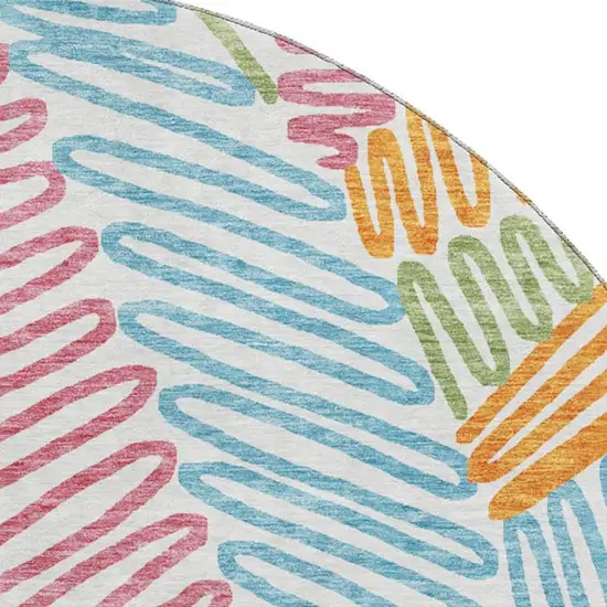 8' White Pink Green And Blue Floral Washable Round Rug With UV Protection Photo 3