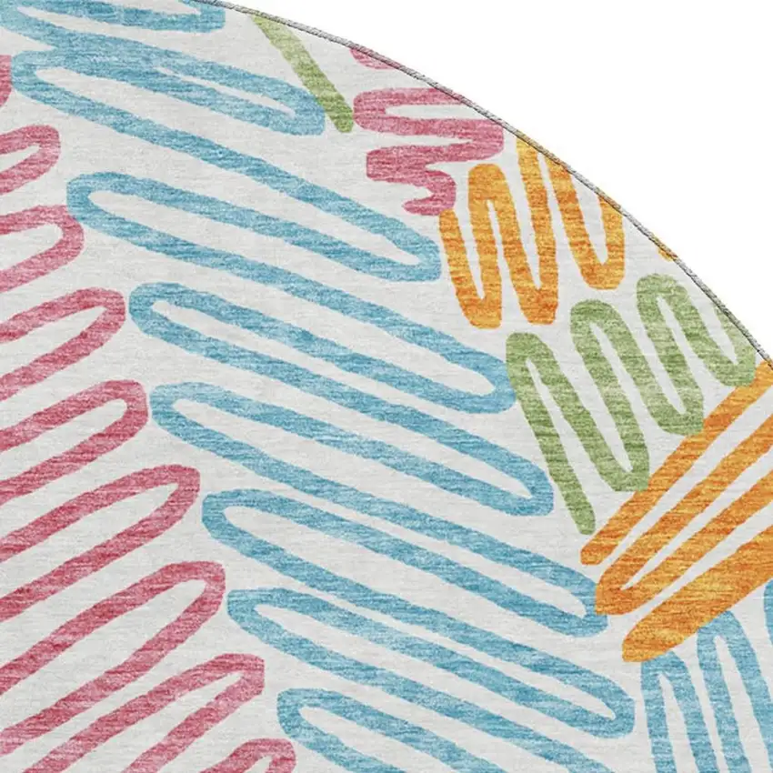 8' White Pink Green And Blue Floral Washable Round Rug With UV Protection Photo 3