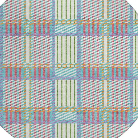 8' White Purple And Pink Round Plaid Washable Indoor Outdoor Area Rug Photo 4