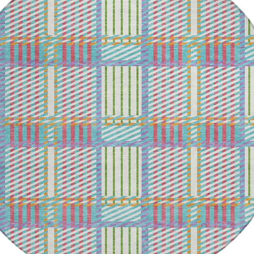 8' White Purple And Pink Round Plaid Washable Indoor Outdoor Area Rug Photo 4