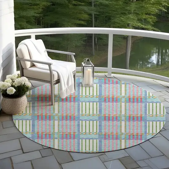 8' White Purple And Pink Round Plaid Washable Indoor Outdoor Area Rug Photo 7