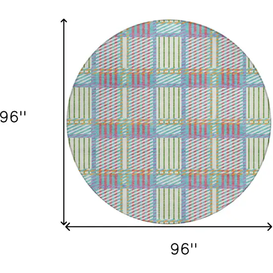 8' White Purple And Pink Round Plaid Washable Indoor Outdoor Area Rug Photo 3