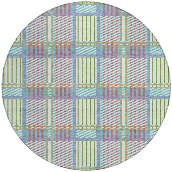 8' White Purple And Pink Round Plaid Washable Indoor Outdoor Area Rug Photo 6