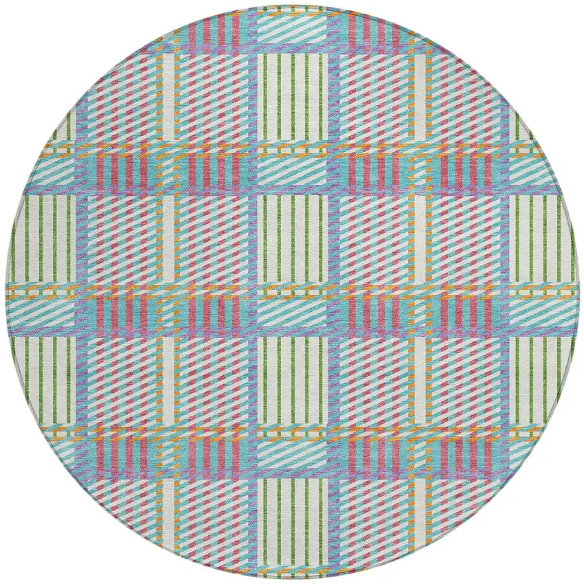 8' White Purple And Pink Round Plaid Washable Indoor Outdoor Area Rug Photo 6