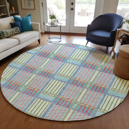 8' White Purple And Pink Round Plaid Washable Indoor Outdoor Area Rug Photo 8