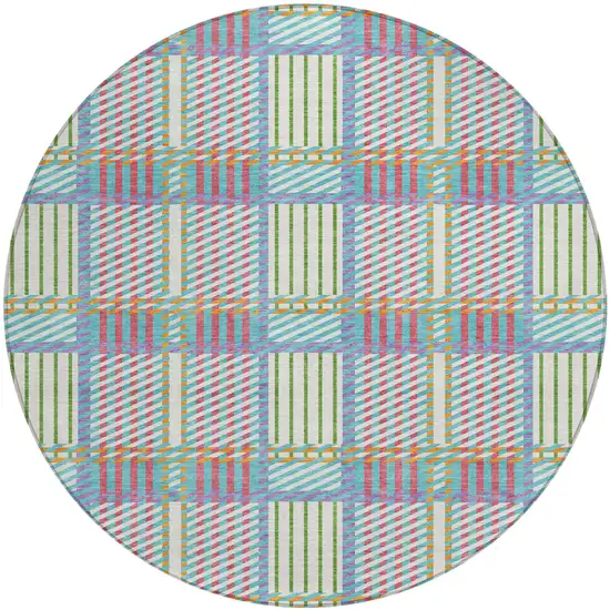 8' White Purple And Pink Round Plaid Washable Indoor Outdoor Area Rug Photo 2
