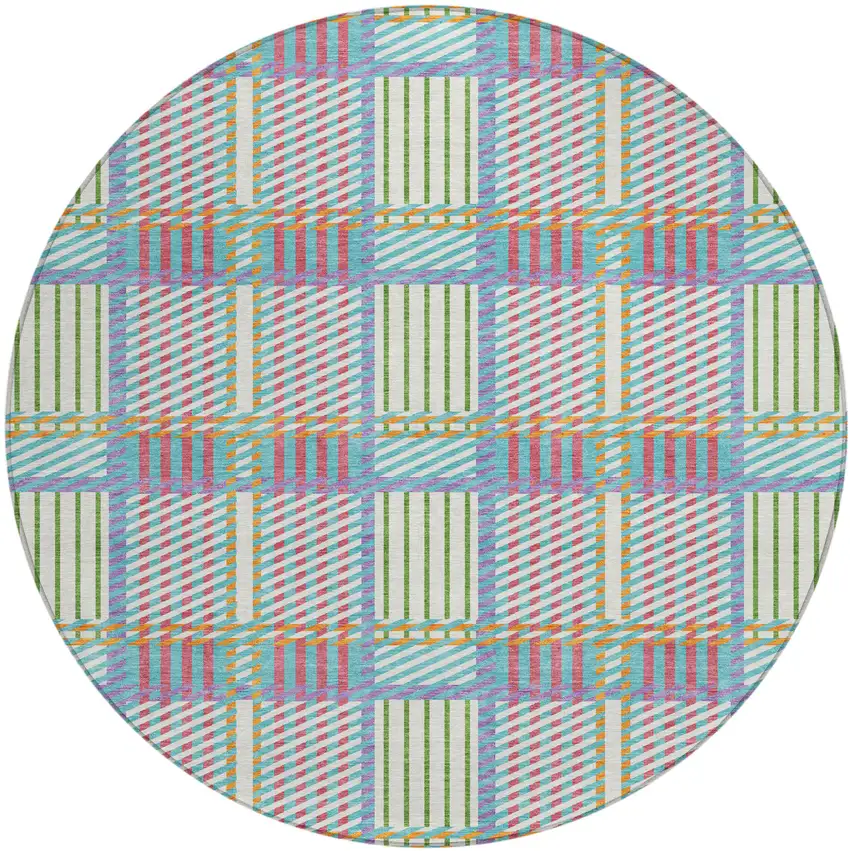 8' White Purple And Pink Round Plaid Washable Indoor Outdoor Area Rug Photo 2