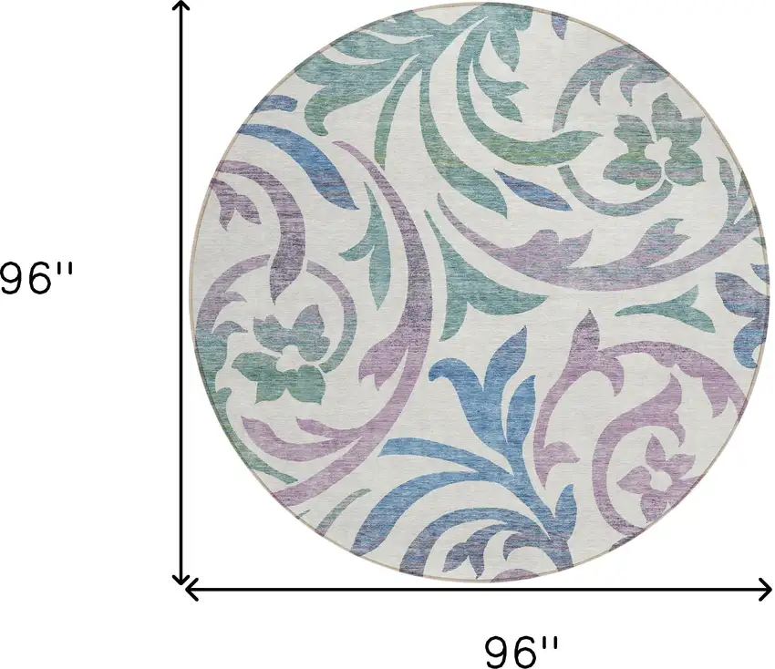 8' White Purple And Sage Round Floral Washable Indoor Outdoor Area Rug Photo 7