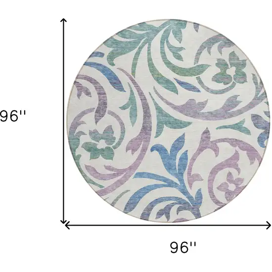 8' White Purple And Sage Round Floral Washable Indoor Outdoor Area Rug Photo 7