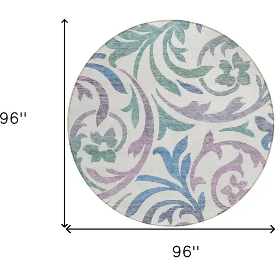 8' White Purple And Sage Round Floral Washable Indoor Outdoor Area Rug Photo 7