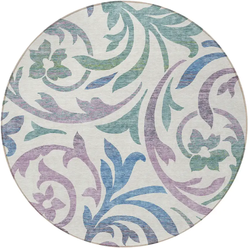 8' White Purple And Sage Round Floral Washable Indoor Outdoor Area Rug Photo 4