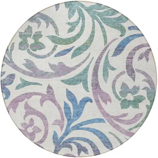 8' White Purple And Sage Round Floral Washable Indoor Outdoor Area Rug Photo 4