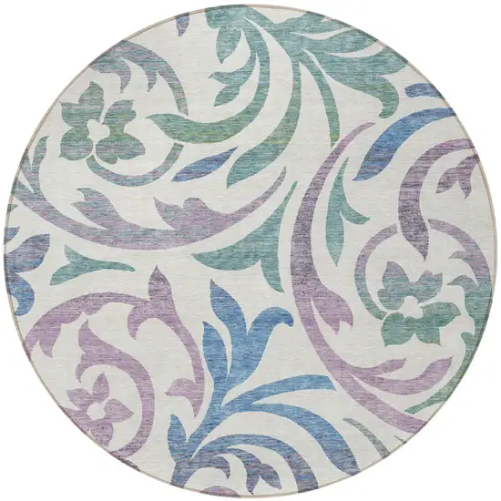 8' White Purple And Sage Round Floral Washable Indoor Outdoor Area Rug Photo 4